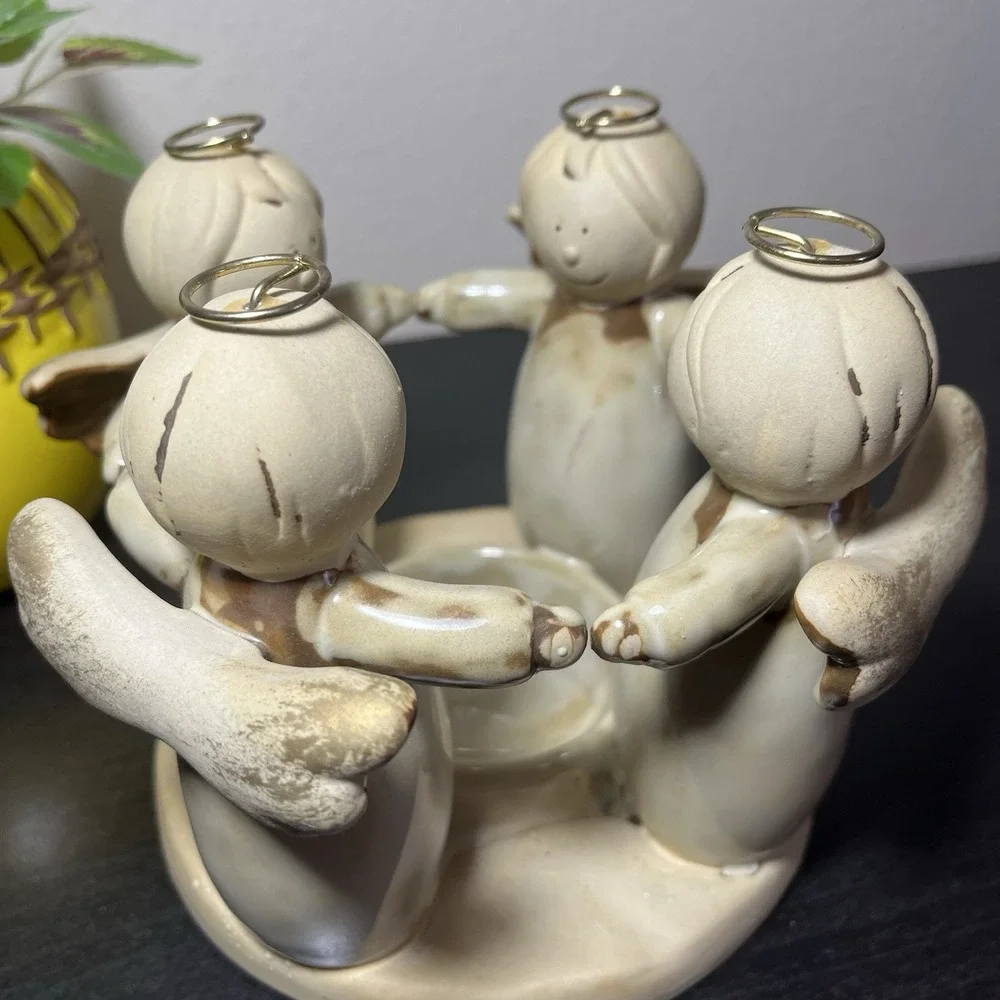Ceramic Pottery Circle Of Angels Candle Holder‎ Glazed Christmas Holiday Decor